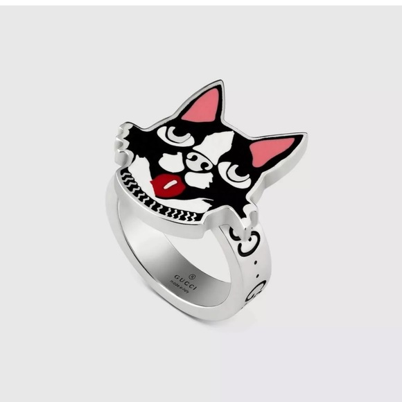 NEW Gucci Silver Ring US 6 Sterling Dog Enamel - Picture 1 of 8